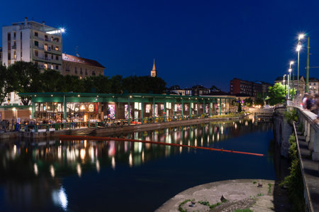 Milan, Italy - May 31, 2018: Darsena del naviglio canal at night.のeditorial素材