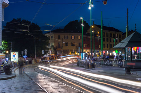 Milan, Italy - May 31, 2018: Viale Gorizia street in Milan at night.のeditorial素材