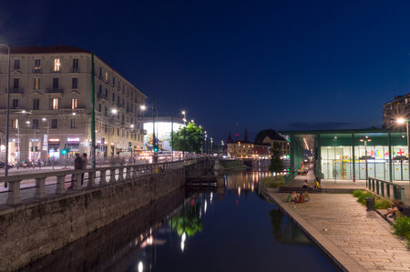 Milan, Italy - May 31, 2018: Darsena del naviglio canal at evening time.のeditorial素材
