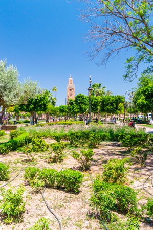 Marrakesh, Morocco - June 3, 2018: View for Koutoubia Mosque from Parc Lalla Hasna.のeditorial素材