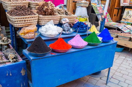 Marrakech, Morocco - June 3, 2018: Multicolored dried paints, dyes and pigments in Marrakech Medina.のeditorial素材