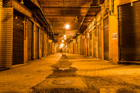 Marrakech, Morocco - June 4, 2018: Alley way in Marrakech with closed shops at night.のeditorial素材