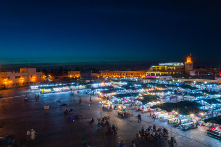 Marrakech, Morocco - June 4, 2018: Jemaa el-Fnaa at night, looking toward Cafe Argana and the covered souq.のeditorial素材