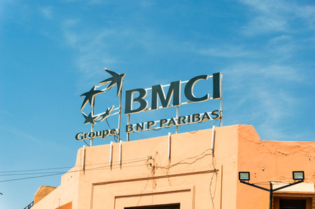 Marrakech, Morocco - June 5, 2018: Logo and sign of BMCI Groupe BNP Paribas.のeditorial素材