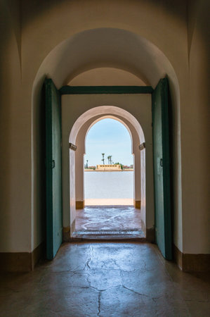 Marrakech, Morocco - June 5, 2018: Open doors at pavilion at Menara gardens in Marrakech, Morocco.のeditorial素材