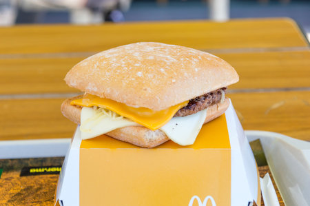 Marrakech, Morocco - June 5, 2018: P'tits Plaisirs sandwich in McDonald restaurant.のeditorial素材