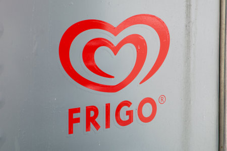 Barcelona, Spain - June 7, 2018: Logo of Frigo. Frigo is brand of ice cream made by Unilever.のeditorial素材