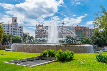 Barcelona, Spain - June 7, 2018: Water fountain at Placa de Catalunya in Barcelona.のeditorial素材