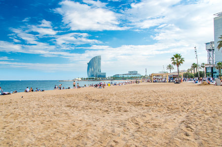 Barcelona, Spain - June 7, 2018: Panoramic view of Barceloneta Beach.のeditorial素材
