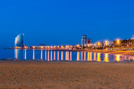Barcelona, Spain - June 8, 2018: Beach in Barcelona at night.のeditorial素材