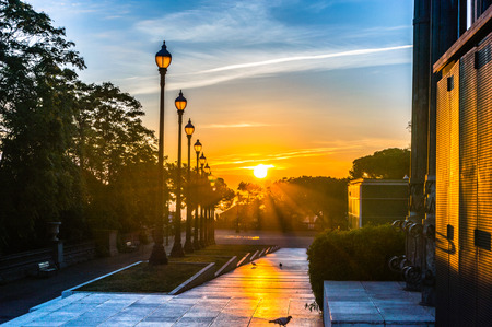 Beautiful sunrise on the hill in Barcelona.の写真素材