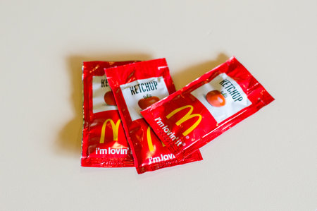 Barcelona, Spain - June 9, 2018: Three McDonald's ketchups.のeditorial素材