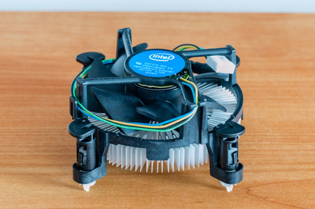Pruszcz Gdanski, Poland - June 13, 2018: Intel CPU Fan with aluminium heat sink or radiator.
