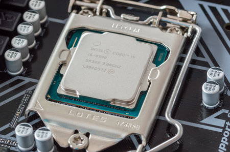 Pruszcz Gdanski, Poland - June 13, 2018: Intel i5 8500 Processor on PC motherboard.のeditorial素材