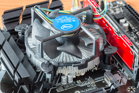 Pruszcz Gdanski, Poland - June 13, 2018: Intel CPU with Intel fan on motherboard.のeditorial素材