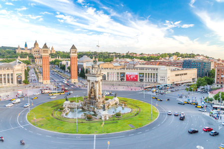 Barcelona, Spain - June 6, 2018: View on Placa d'Espanya in Barcelona.のeditorial素材