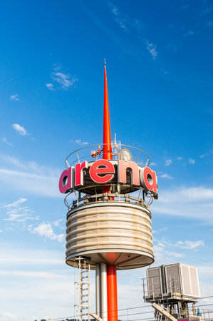 Barcelona, Spain - June 6, 2018: Spinning logo of Arenas de Barcelona mall shoping centre.のeditorial素材