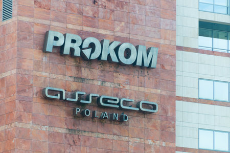 Gdynia, Poland - August 2, 2018: Prokom and Asseco Poland sign on building in Gdynia.のeditorial素材