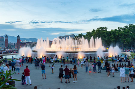Barcelona, Spain - June 8, 2018: Undefined people watching Magic Fountain light show.のeditorial素材