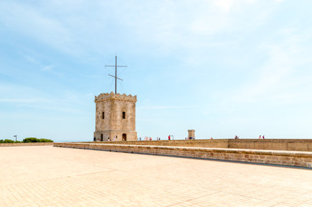 Barcelona, Spain - June 8, 2018: Tower on terrace at Montjuic Castle in Barcelona, Spain.のeditorial素材