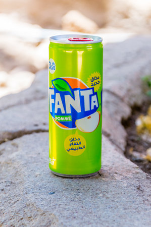 Marrakech, Morocco - June 4, 2018: Can of Apple Fanta drink. Fanta is brand belong The Coca-Cola...