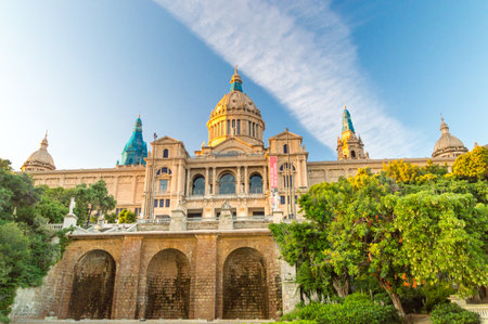 Barcelona, Spain - June 9, 2018: Sunrise at National Art Museum of Catalonia in Barcelona.のeditorial素材