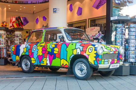 Berlin, Germany - August 16, 2018: Stylized Trabant at souvenir shop I love Berlin in Alexanderplatz in Berlin.のeditorial素材