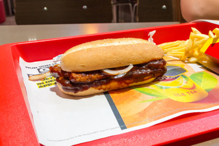 Berlin, Germany - August 17, 2018: McDonald McRib sandwich in German McDonald.のeditorial素材