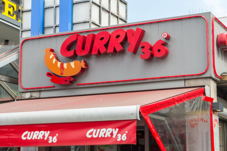 Berlin, Germany - August 18, 2018: Logo and sign of Curry 36. Curry 36 is famous curry sausage...