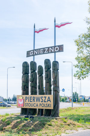 Gniezno, Poland - August 19, 2018: Entrance to Gniezno city. Royal Capital City of Gniezno. Gniezno was first capital of Poland.のeditorial素材