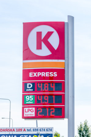 Gniezno, Poland - August 19, 2018: Price is per liter in Polish Zloty at Circle K Express gas station.のeditorial素材