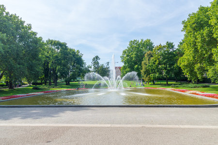 Poznan, Poland - August 19, 2018: Fountain in Adam Mickiewicz park.のeditorial素材
