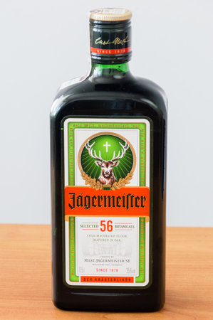 Pruszcz Gdanski, Poland - August 19, 2018: Bottle of Jagermeister liquor drink made with 56 herbs and spices.のeditorial素材