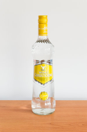 Pruszcz Gdanski, Poland - August 19, 2018: Bottle of lemon Wodka Gorbatschow, brand of German vodka produced in Berlin.のeditorial素材