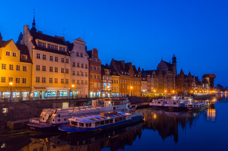 Gdansk, Poland - August 28, 2018: Old Town of Gdansk with Motlawa river at dusk.のeditorial素材