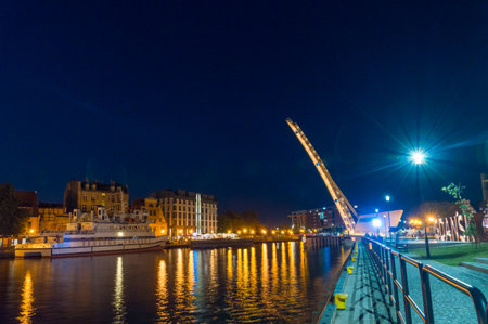 Gdansk, Poland - August 28, 2018: Bascule bridge over Motlawa at night.