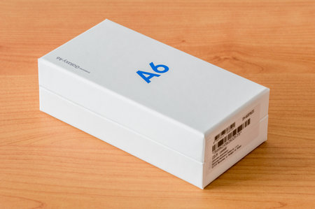 Pruszcz Gdanski, Poland - September 11, 2018: Paper box of mobile phone Samsung Galaxy A6.のeditorial素材