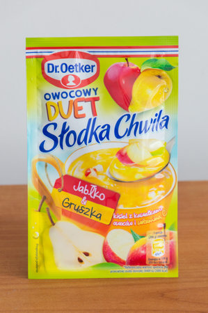 Pruszcz Gdanski, Poland - September 16, 2018: Dr. Oekter instant fruit kisiel Slodka chwila. Kisiel with apple and pear.のeditorial素材