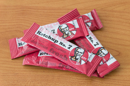 Pruszcz Gdanski, Poland - September 16, 2018: Few KFC Ketchups No. 7.のeditorial素材