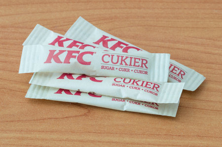 Pruszcz Gdanski, Poland - September 24, 2018: Sugar bags from KFC.のeditorial素材