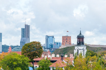 Vilnius, Lithuania - September 28, 2018: View of Vilnius with Gediminas' Tower on Gediminas Hill.