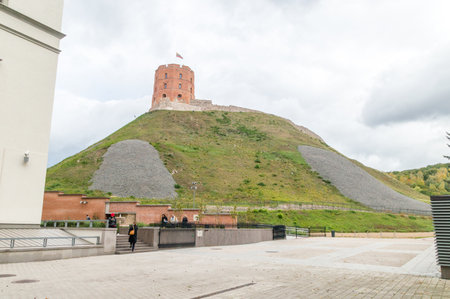 Vilnius, Lithuania - September 28, 2018: Hill with famous Gediminas' Tower at cloudy day.のeditorial素材