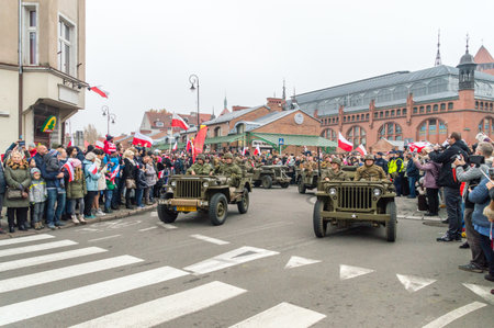 Gdansk, Poland - November 11, 2018: Historical reconstruction of US soldiers on 100th anniversary of Polish Independence Day.のeditorial素材