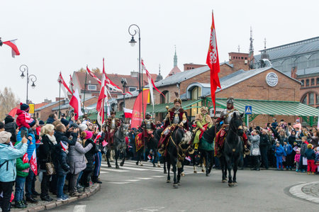 Gdansk, Poland - November 11, 2018: Men on horses in historical uniforms for 100th anniversary of regaining independence by Poland. National Independence Day in Gdansk.のeditorial素材