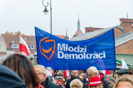 Gdansk, Poland - November 11, 2018: Bener of Young Democrats (Polish: Mlodzi Demokraci) with the logo of the Citizens' Platform (Polish: Platforma Obywatelska) at National Independence Day in Poland.のeditorial素材