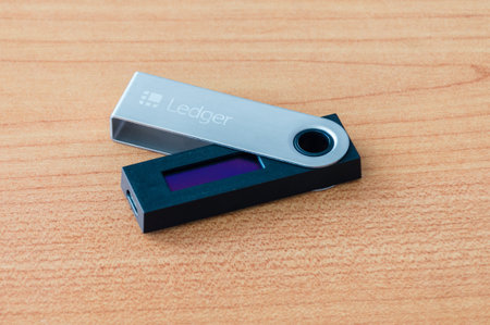 Pruszcz Gdanski, Poland - November 29, 2018: Leger Nano S on wooden table. Ledger Nano S Cryptocurrency is Hardware Wallet.のeditorial素材