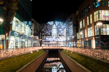 Gdansk, Poland - December 9, 2018: Forum mall with Christmas decorations at night.のeditorial素材