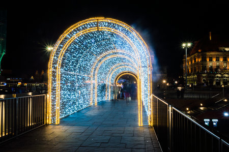 Gdansk, Poland - December 9, 2018: Christmas decorations in city center of Gdansk at night.のeditorial素材