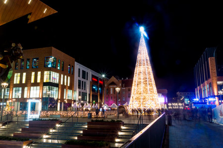 Gdansk, Poland - December 9, 2018: Illuminated Christmas tree at Forum mall in city center of Gdansk.のeditorial素材