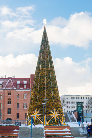 Gdansk, Poland - January 3, 2019: Huge light Christmas Tree in city center of Gdansk.のeditorial素材